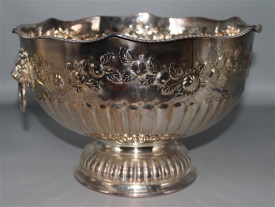 A large demi-fluted plated punch bowl, with ring handles, 12.5in.
